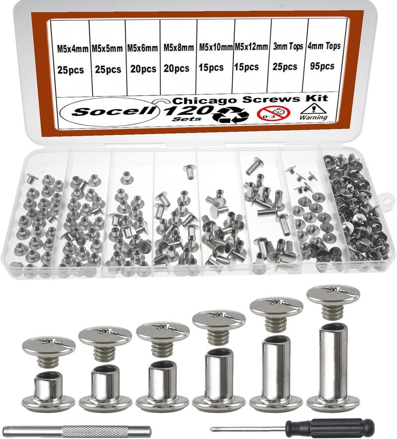 Socell 120Sets Chicago Screws Kit, 6 Sizes Chicago Screws for Leather,Binding Screws Leather Rivet kit for Crafts, Clothing, Shoes, Belts, Bags, and Custom-Made Items(Silver, M5*4,5,6,8,10,12) - Image 1